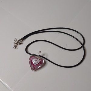 Cute Pink Glass Heart On Black 25.5 Inch Necklace